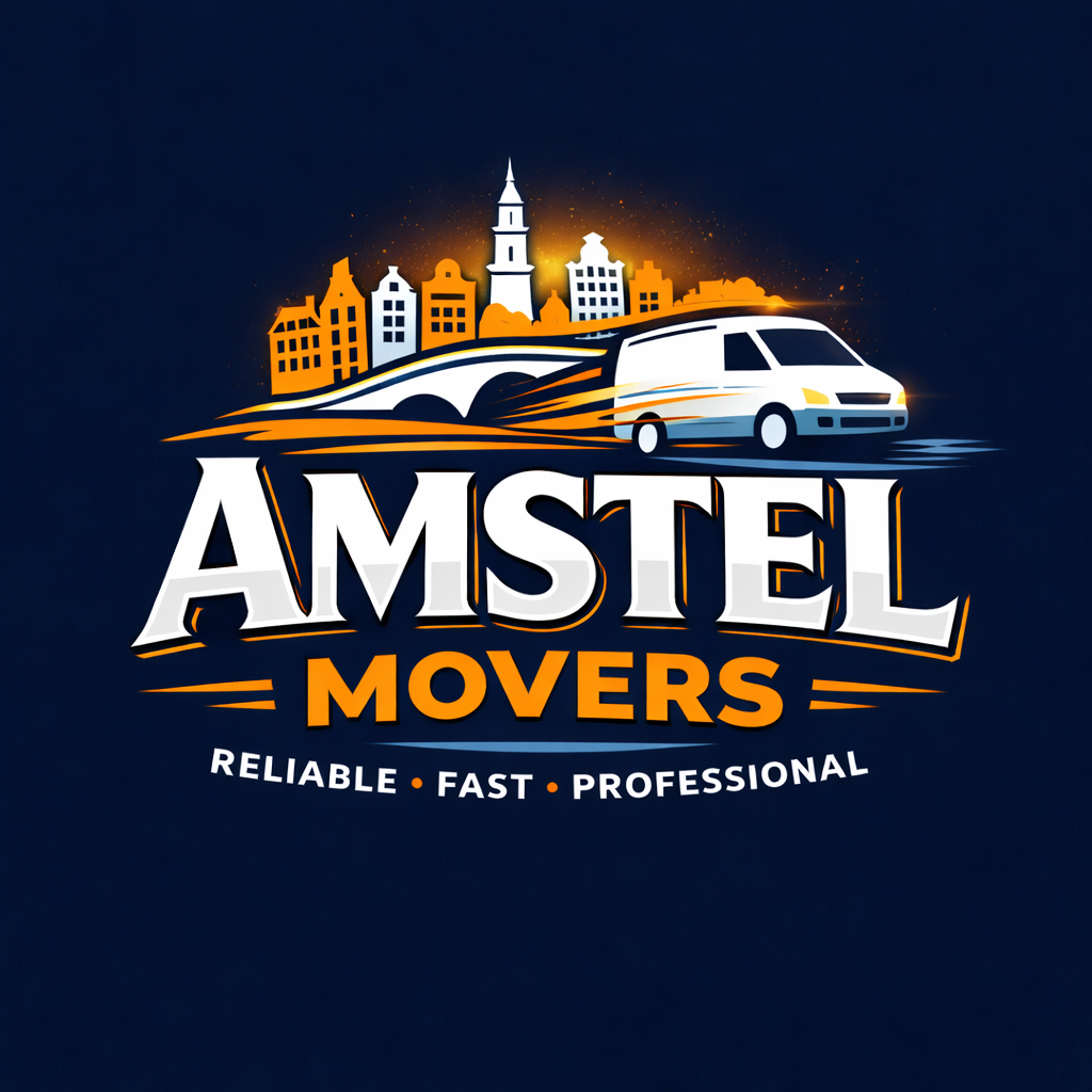 Amstel Movers logo with a van, cityscape, and brand values on a dark blue background